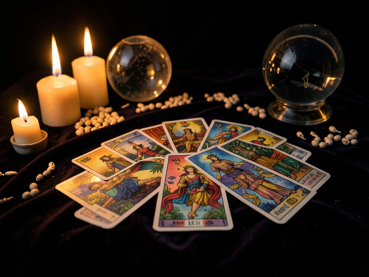 Cartas ciganas dispostas sobre veludo escuro à luz de velas