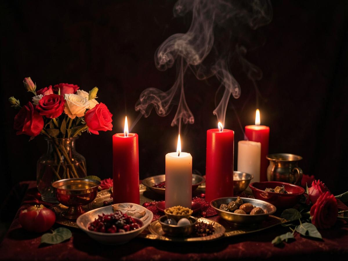 Altar com velas acesas, flores e oferendas